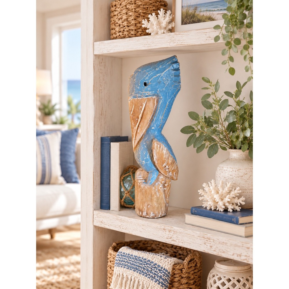 Vintage Coastal Hand Carved Wood Pelican 16" Distressed Blue Nautical Beach
